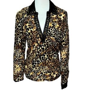 Alberto Makali Animal Print Beaded Blouse